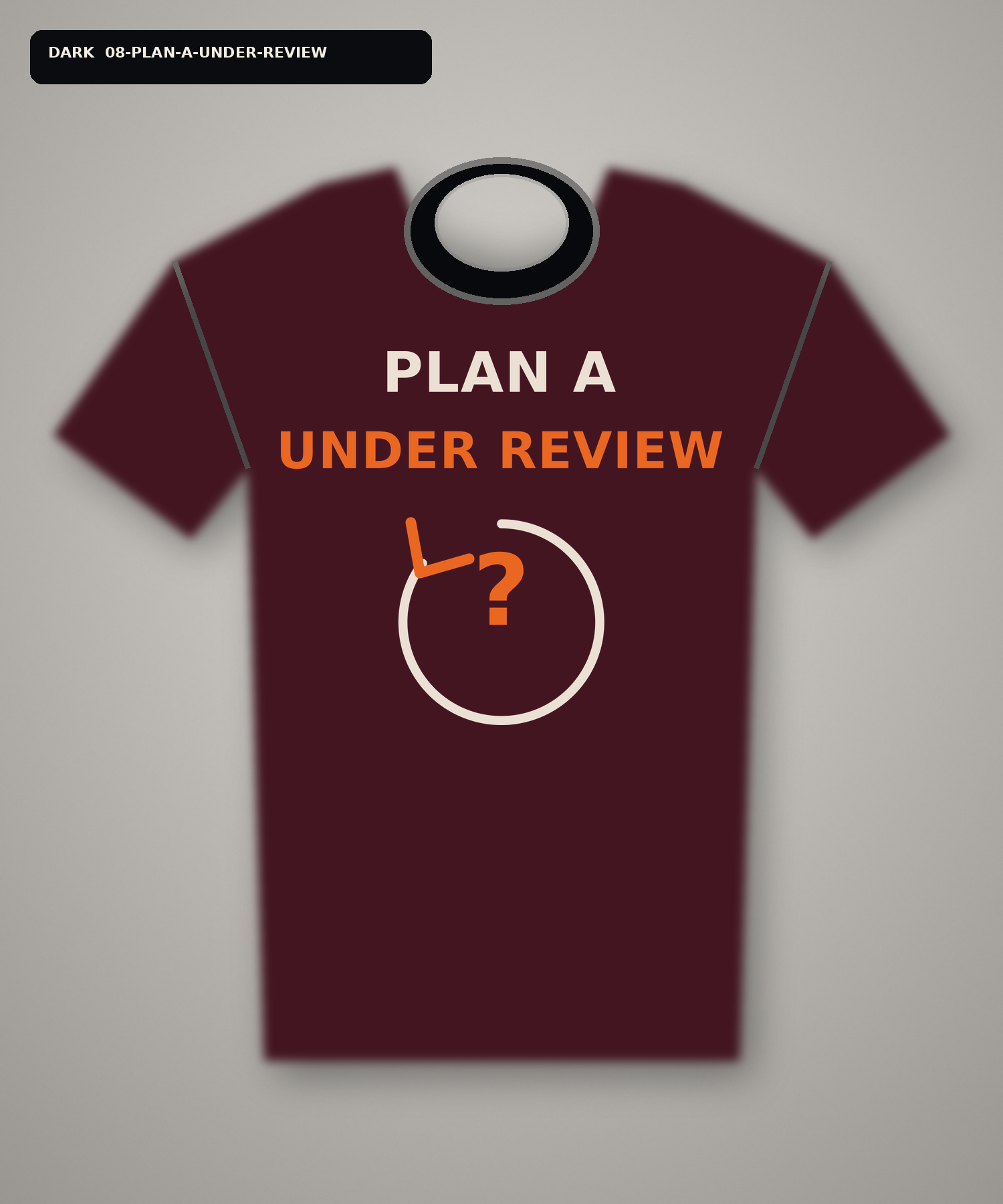 Dark T-shirt mockup reading Plan A Under Review with a circular arrow and question mark.