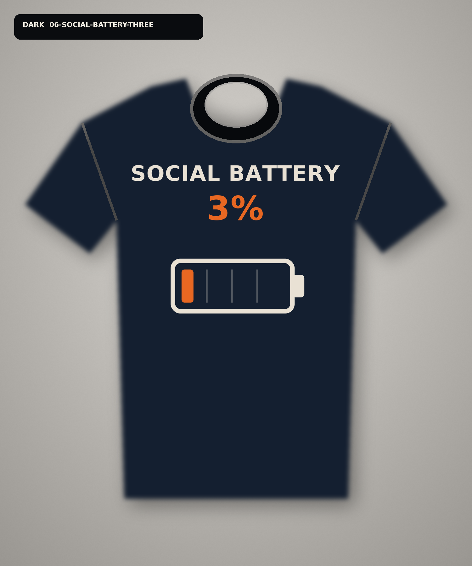 Dark T-shirt mockup reading Social Battery 3 percent with a nearly empty battery icon.